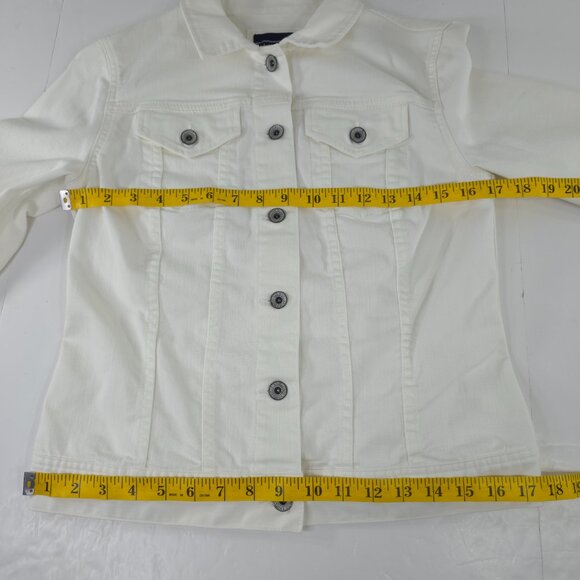 LANDS END WHITE DENIM JACKET WOMEN'S SIZE XS EMBROIDERED BLUE HUMMINGBIRD BUTTON - Picture 13 of 16